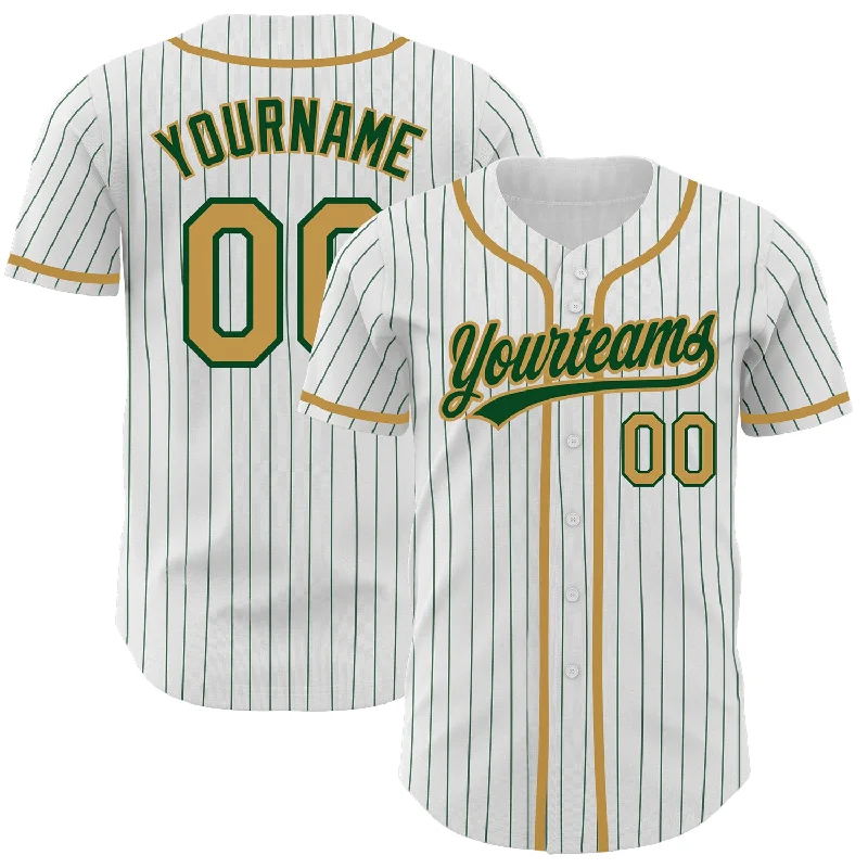 Baseball Jersey For College Team Gear-Custom White Green Pinstripe Old Gold Authentic Baseball Jersey