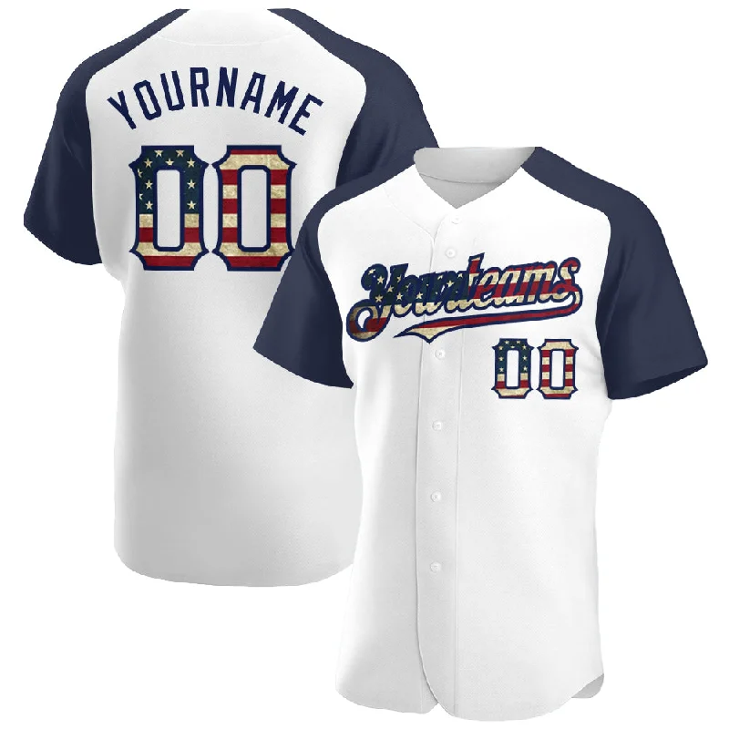 Baseball Jersey With Player Names-Custom White Vintage USA Flag-Navy Authentic Raglan Sleeves Baseball Jersey