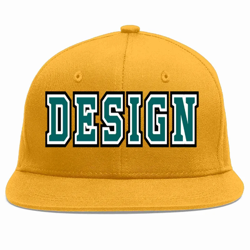 Baseball Cap For Custom Orders-Custom Gold Aqua-White Flat Eaves Sport Baseball Cap Design for Men/Women/Youth