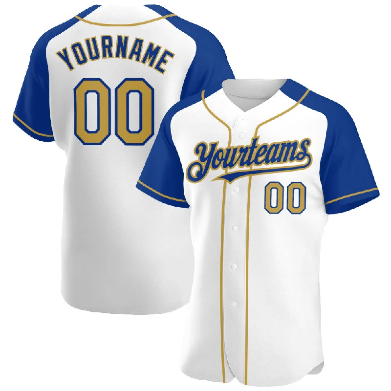 Baseball Jersey With Fan Graphics-Custom White Old Gold-Royal Authentic Raglan Sleeves Baseball Jersey