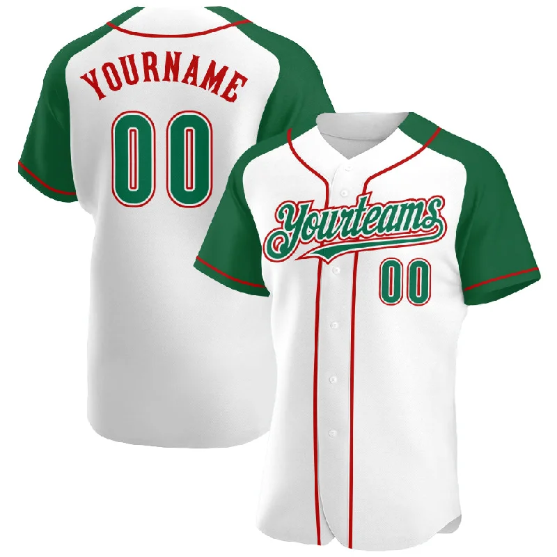 Baseball Jersey For Softball Game Day Orders-Custom White Kelly Green-Red Authentic Raglan Sleeves Baseball Jersey