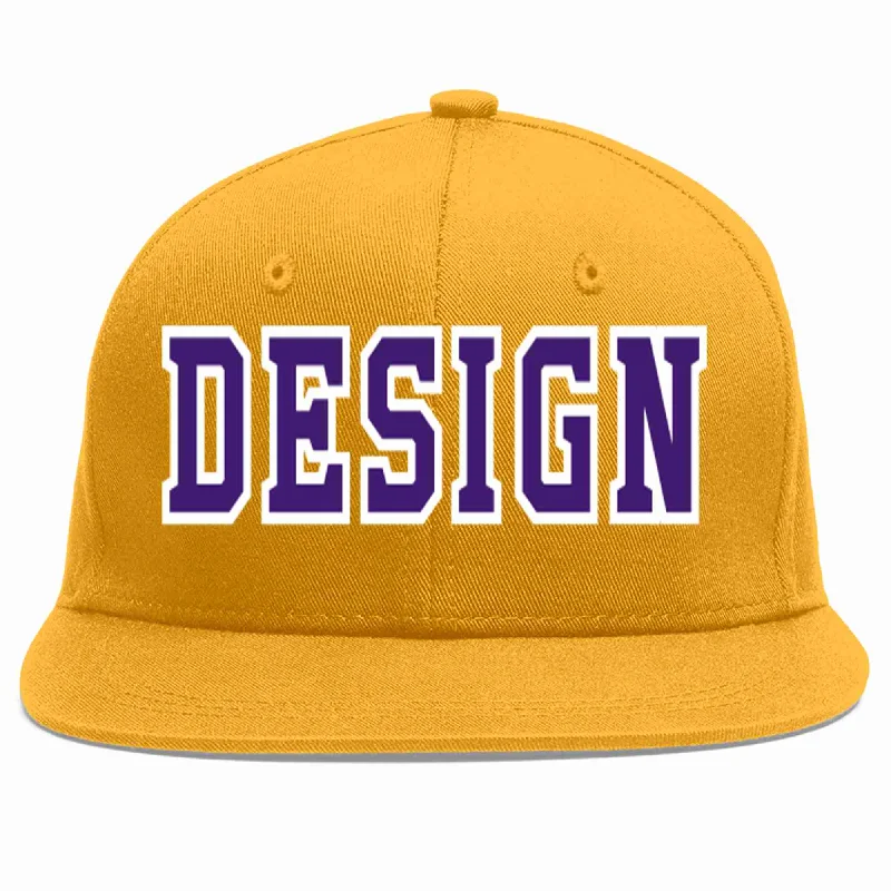 Baseball Cap For School Teams-Custom Gold purple-White Flat Eaves Sport Baseball Cap Design for Men/Women/Youth