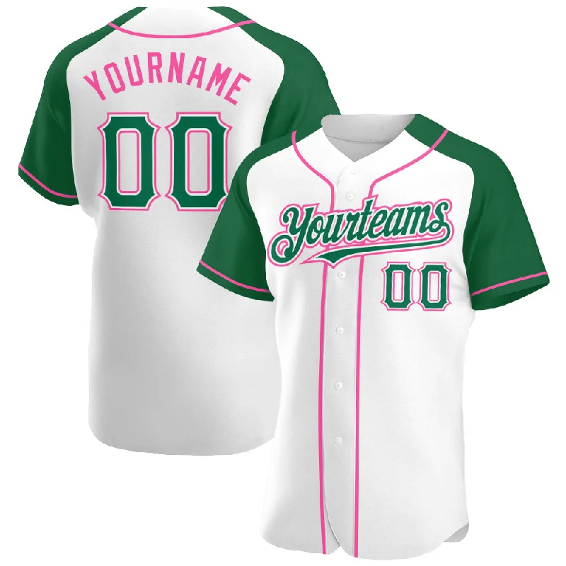 Baseball Jersey For Custom Event Team Gear-Custom White Kelly Green-Pink Authentic Raglan Sleeves Baseball Jersey