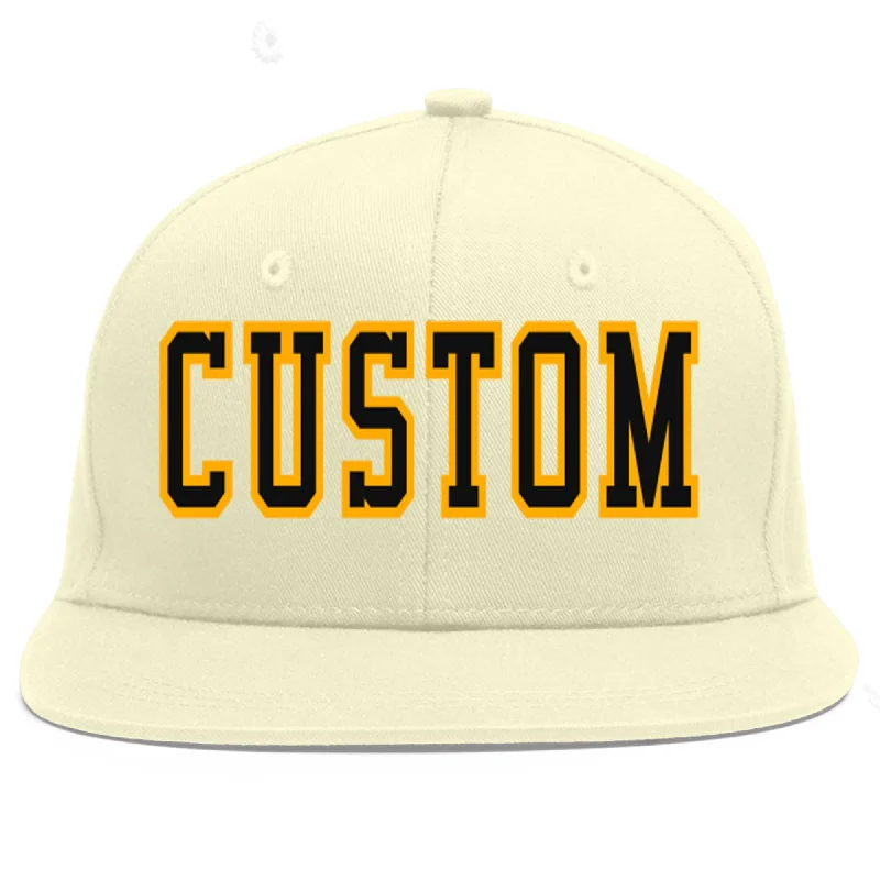 Baseball Cap For Team Spirit Merchandise-Custom Cream Black-Yellow Flat Eaves Sport Baseball Cap