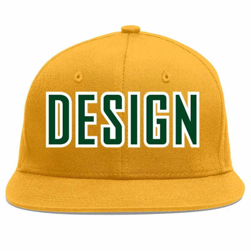 Baseball Cap For Professional Fan Gear Customization-Custom Gold Green-White Flat Eaves Sport Baseball Cap Design for Men/Women/Youth