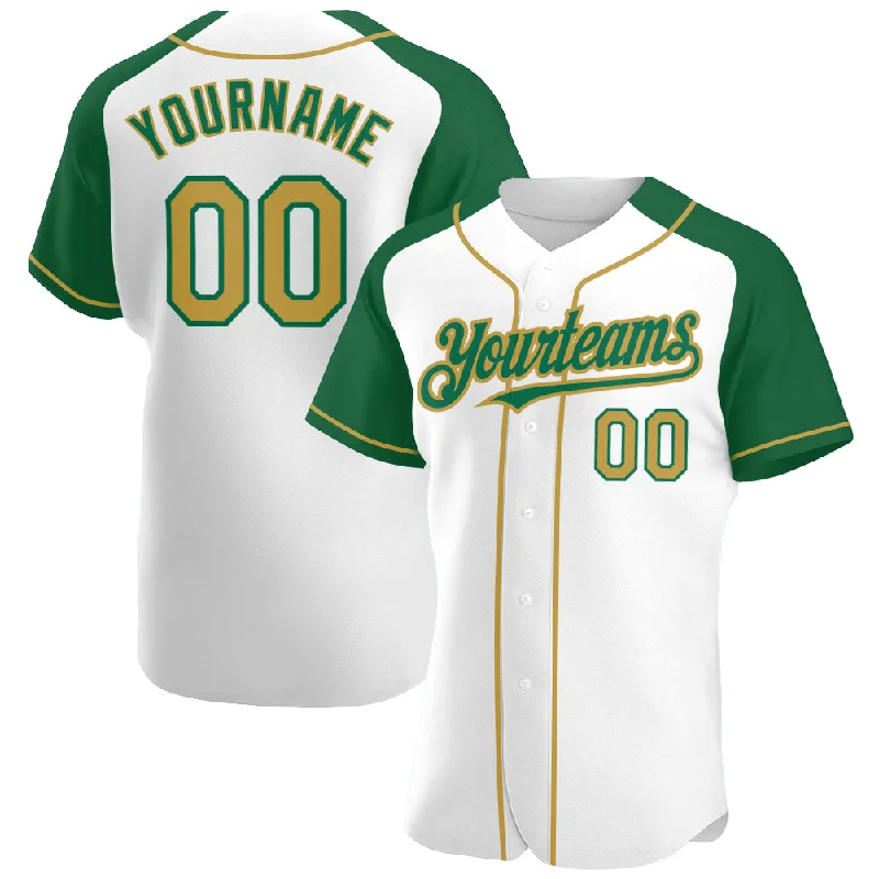 Baseball Jersey For Softball Apparel Customization-Custom White Old Gold-Kelly Green Authentic Raglan Sleeves Baseball Jersey