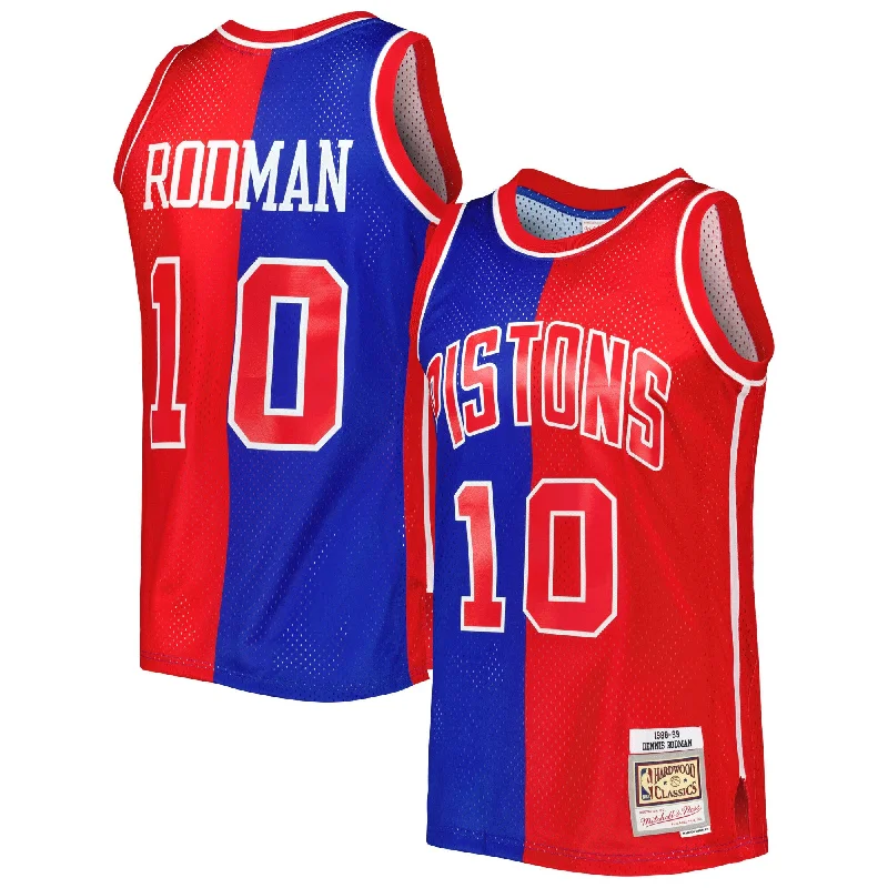 Basketball Jersey For Men-Dennis Rodman Detroit Pistons Hardwood Classics 1988/89 Split Swingman Basketball Jersey - Blue/red