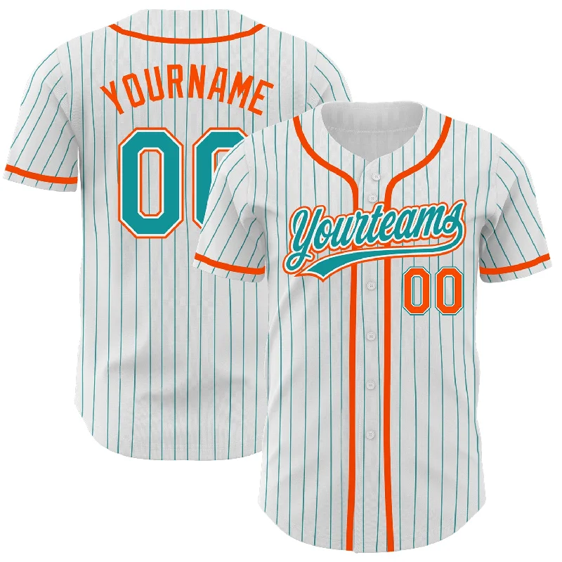 Baseball Jersey For Group Orders-Custom White Teal Pinstripe Teal-Orange Authentic Baseball Jersey