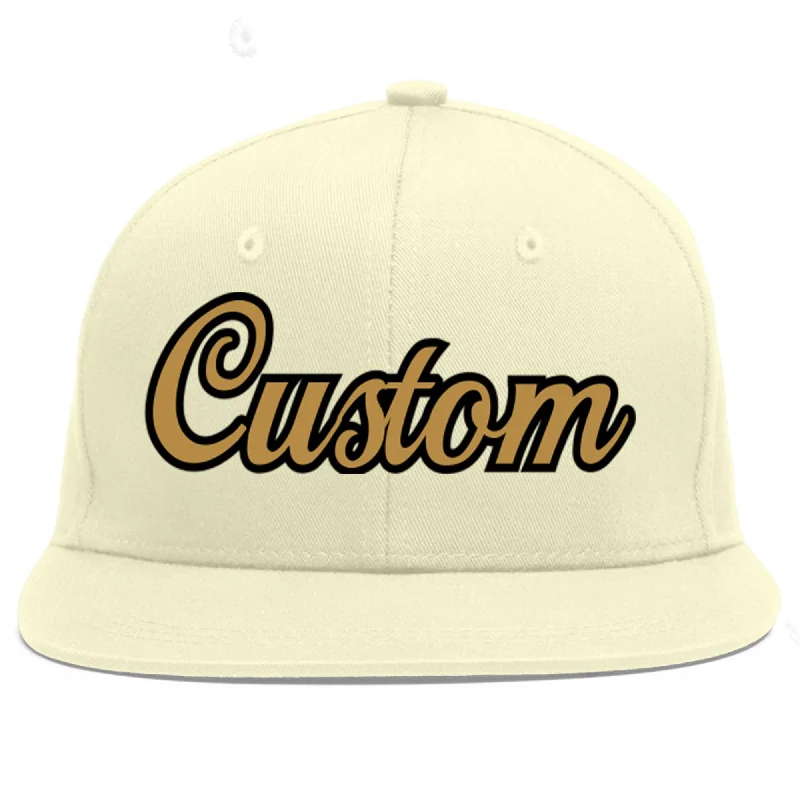 Custom Cream Old Gold-Black Flat Eaves Sport Baseball Cap