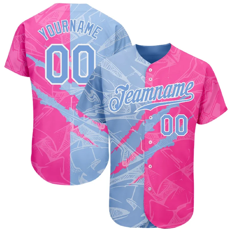 Baseball Jersey For Custom School Merchandise-Custom Graffiti Pattern Light Blue-Pink 3D Scratch Authentic Baseball Jersey