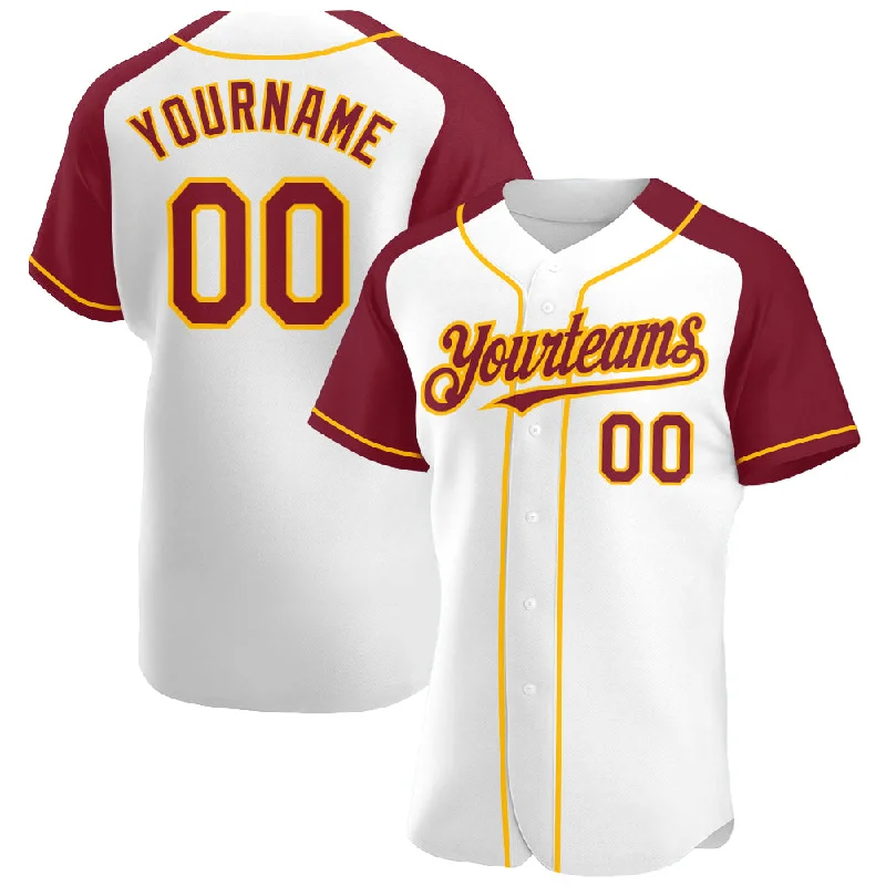 Baseball Jersey For Signature Fan Gear-Custom White Crimson-Gold Authentic Raglan Sleeves Baseball Jersey