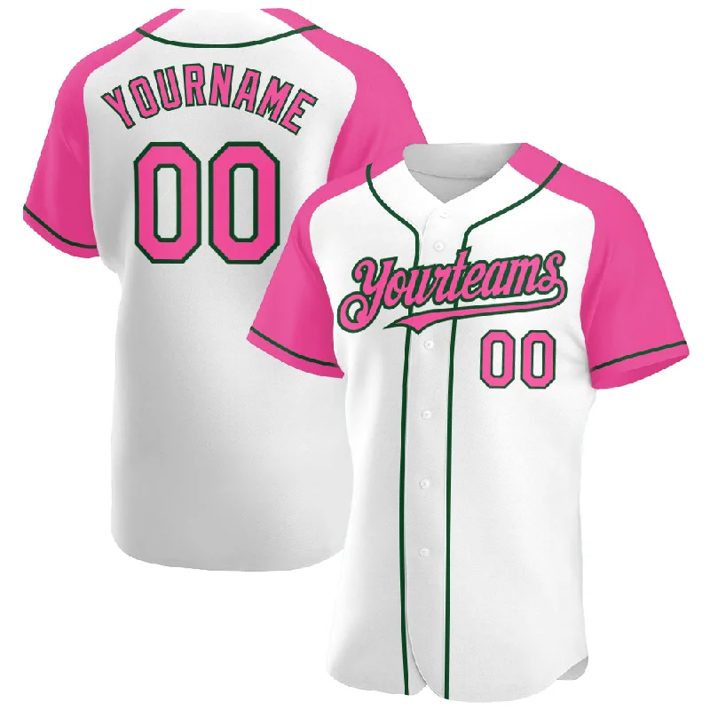 Baseball Jersey For Team Gifts-Custom White Pink-Green Authentic Raglan Sleeves Baseball Jersey