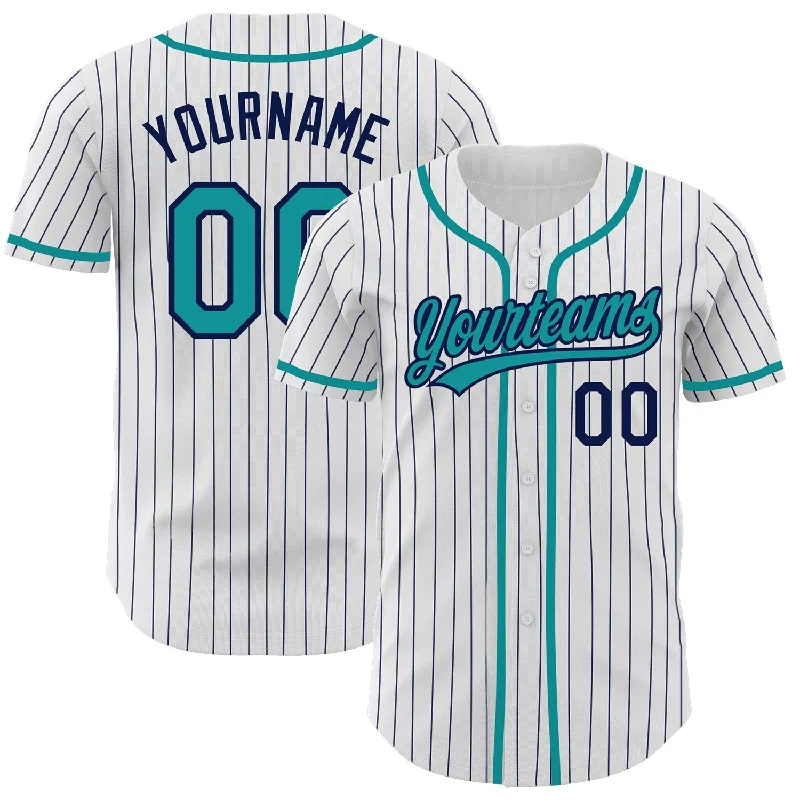 Baseball Jersey For Alumni Fan Apparel-Custom White Navy Pinstripe Teal Authentic Baseball Jersey