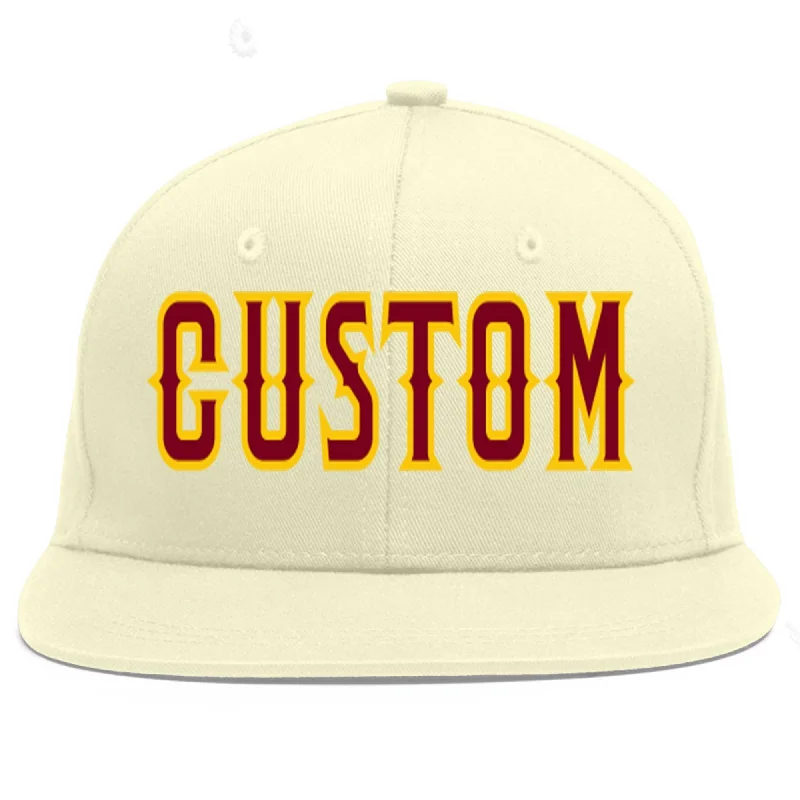 Baseball Cap For Team Recognition-Custom Cream Crimson-Gold Flat Eaves Sport Baseball Cap