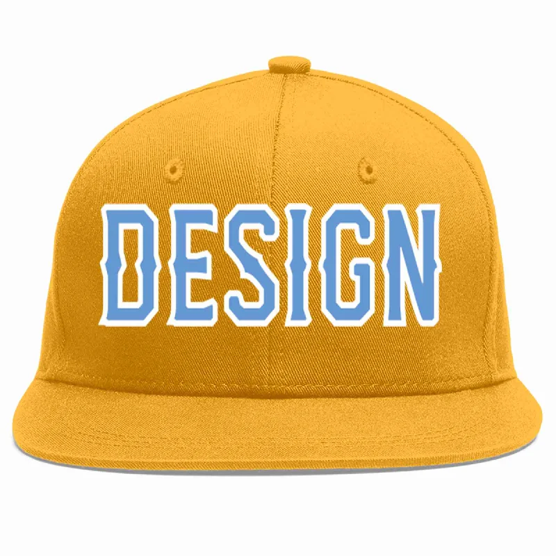 Baseball Cap With Custom Graphics-Custom Gold Light Blue-White Flat Eaves Sport Baseball Cap Design for Men/Women/Youth