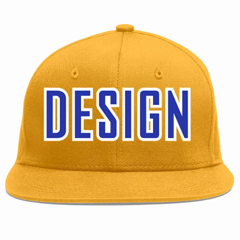 Baseball Cap For Personalized Custom Team Orders-Custom Gold Royal-White Flat Eaves Sport Baseball Cap Design for Men/Women/Youth