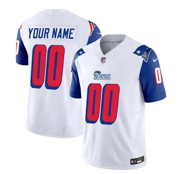 Football Jersey With Custom Patches-Men's New England Patriots Active Player Custom White/Blue 2023 F.U.S.E. Throwback Limited Football Stitched Jersey