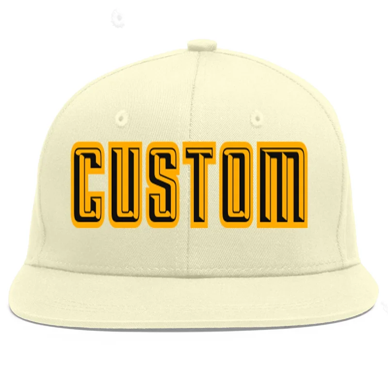 Baseball Cap For Custom High School Orders-Custom Cream Black-Yellow Flat Eaves Sport Baseball Cap