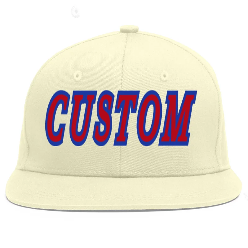 Baseball Cap For Team Apparel-Custom Cream Red-Royal Flat Eaves Sport Baseball Cap