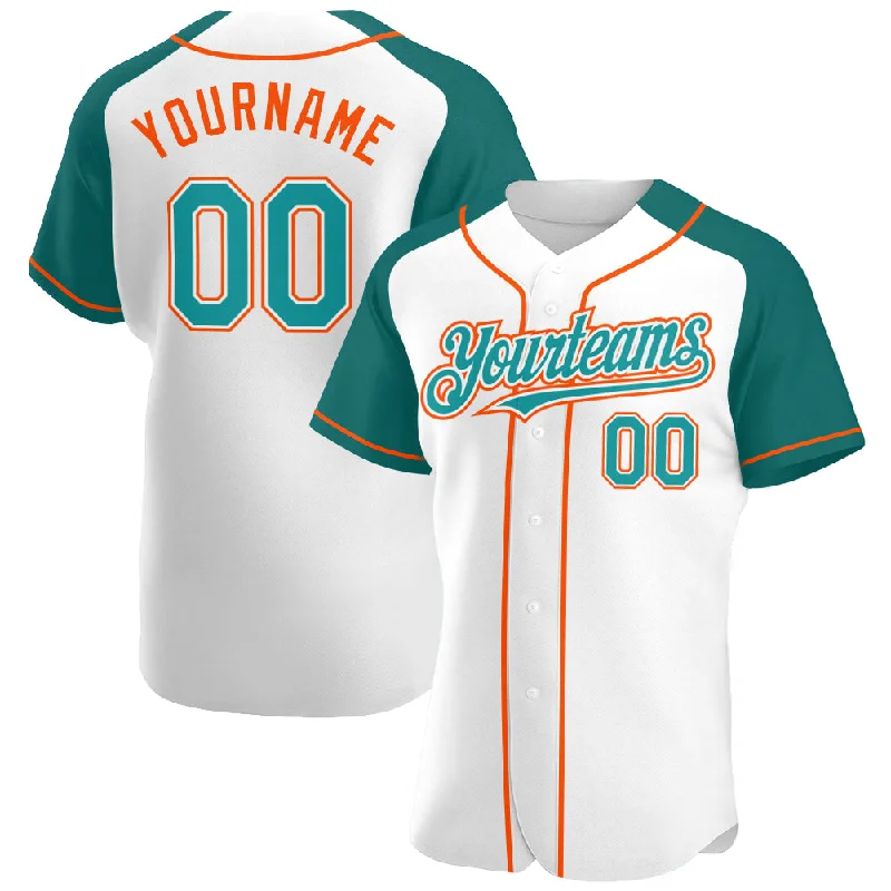 Baseball Jersey For Event Apparel Customization-Custom White Teal-Orange Authentic Raglan Sleeves Baseball Jersey