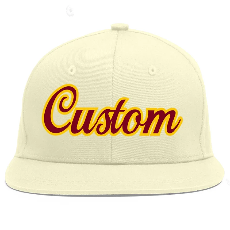 Baseball Cap For Personalized Event Merchandise-Custom Cream Crimson-Gold Flat Eaves Sport Baseball Cap