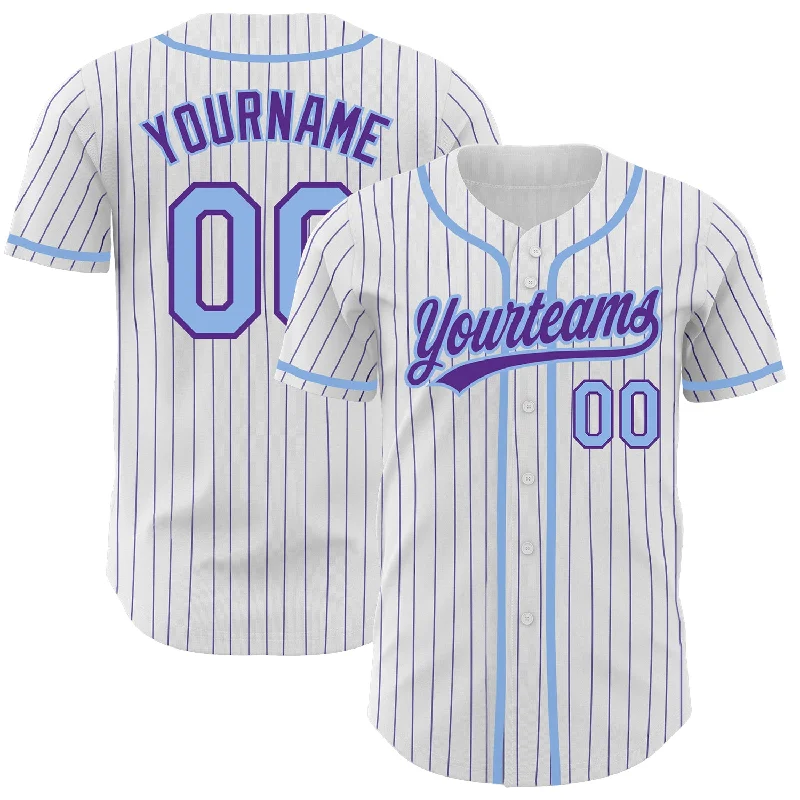 Baseball Jersey For Custom Event Customization-Custom White Purple Pinstripe Light Blue Authentic Baseball Jersey