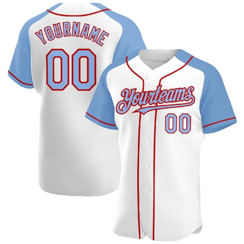 Baseball Jersey For Custom Order Campaigns-Custom White Light Blue-Red Authentic Raglan Sleeves Baseball Jersey