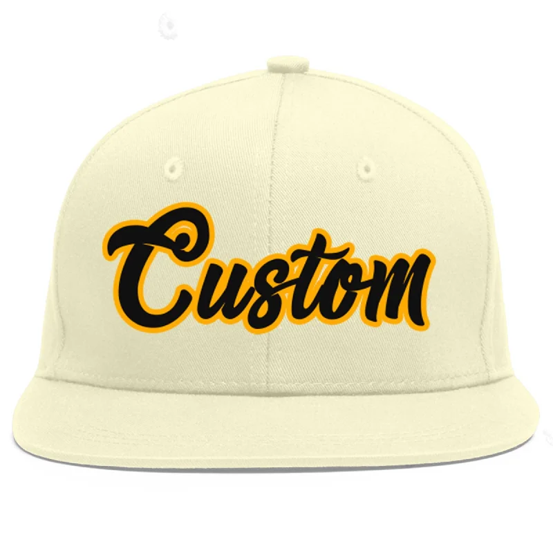 Baseball Cap For Youth Team Apparel-Custom Cream Black-Yellow Flat Eaves Sport Baseball Cap