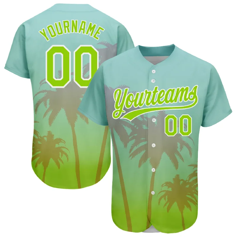 Baseball Jersey For Fan Club Merchandise-Custom Aqua Neon Green-White 3D Pattern Design Hawaii Palm Trees Authentic Baseball Jersey