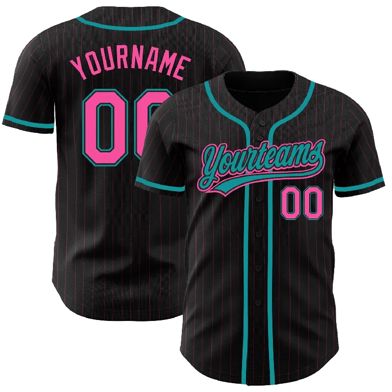 Baseball Jersey For Tournament Merchandise Orders-Custom Black Pink Pinstripe Pink-Teal Authentic Baseball Jersey