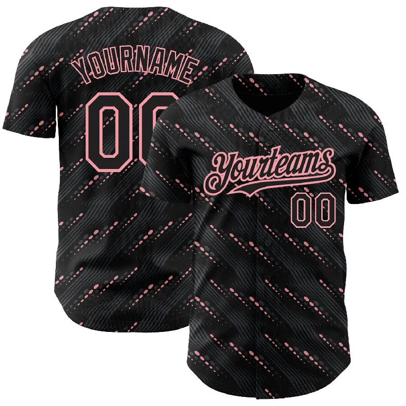 Custom Baseball Jersey-Custom Black Medium Pink 3D Pattern Design Slant Lines Authentic Baseball Jersey