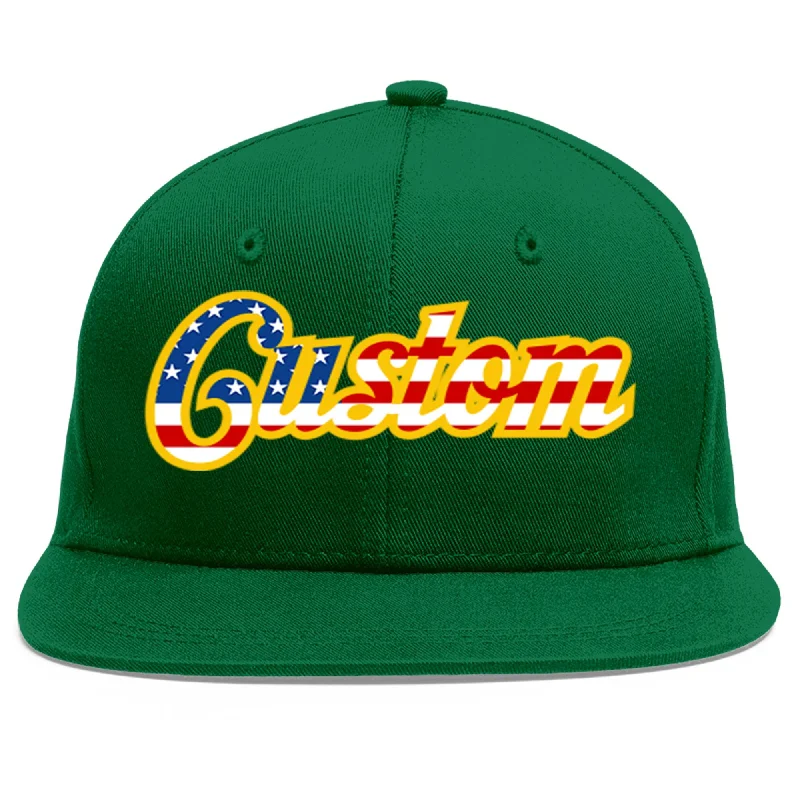 Baseball Cap For Game Day Orders-Custom Green Vintage USA Flag-Gold Flat Eaves Sport Baseball Cap