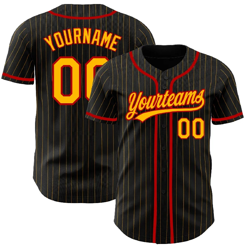 Baseball Jersey For Fan-Exclusive Orders-Custom Black Gold Pinstripe Gold-Red Authentic Baseball Jersey