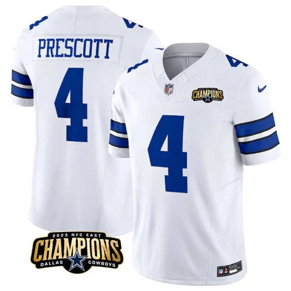 Football Jersey For Signature Team Gear-Men's Dallas Cowboys #4 Dak Prescott White 2023 F.U.S.E. NFC East Champions Patch Football Stitched Jersey