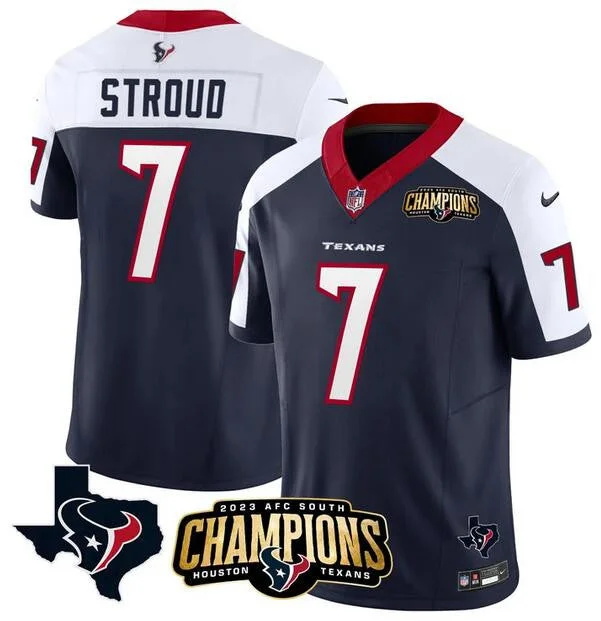 Football Jersey For Fan Apparel Customization-Men's Houston Texans #7 C.J. Stroud Navy/White 2023 F.U.S.E. AFC South Champions Patch And Team Logo Patch Vapor Untouchable Limited Football Stitched Jersey