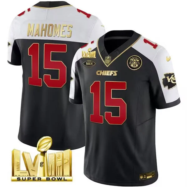 Football Jersey For Signature Event Merchandise-Men's Kansas City Chiefs #15 Patrick Mahomes Black/White 2024 F.U.S.E. Super Bowl LVIII Patch With "NKH" Patch Vapor Untouchable Limited Football Stitched Jersey