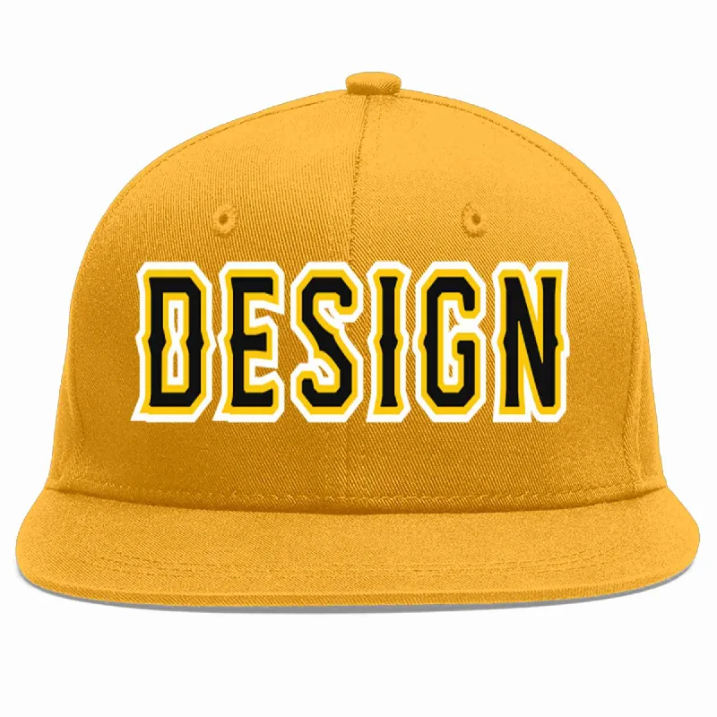 Baseball Cap For College Fans-Custom Gold Black-Gold Flat Eaves Sport Baseball Cap Design for Men/Women/Youth