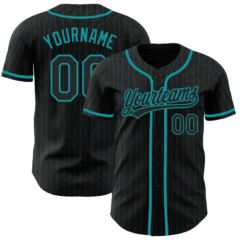 Baseball Jersey For Official Sports Fan Gear-Custom Black Teal Pinstripe Black Authentic Baseball Jersey