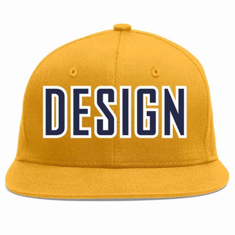 Baseball Cap For Limited-Time Fan Gear-Custom Gold Navy-White Flat Eaves Sport Baseball Cap Design for Men/Women/Youth