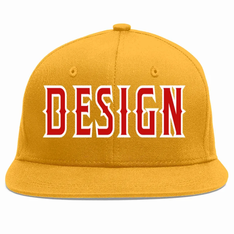 Baseball Cap For Team Gifts-Custom Gold Red-White Flat Eaves Sport Baseball Cap Design for Men/Women/Youth