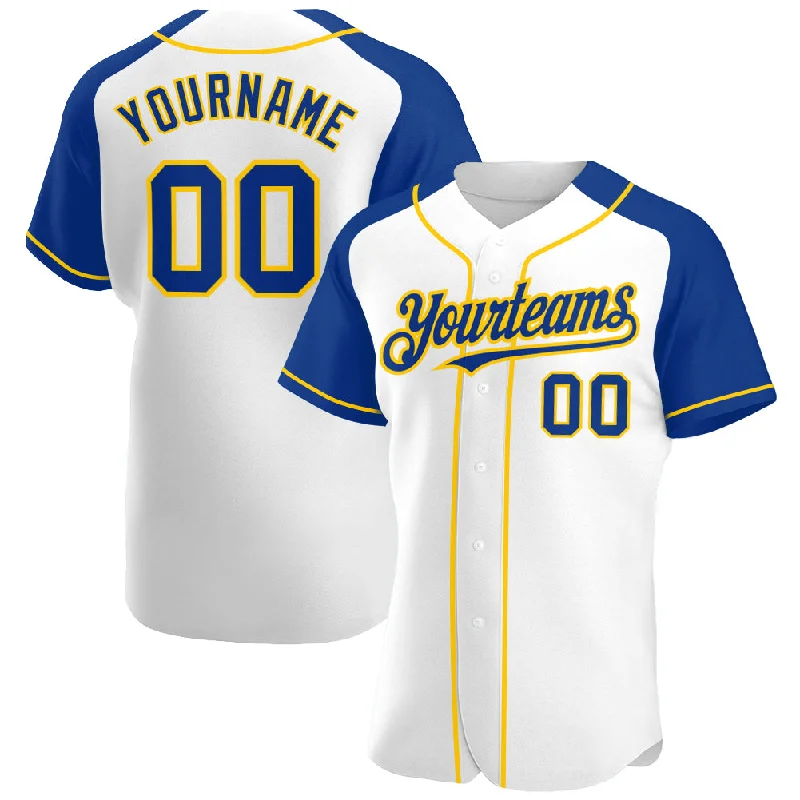 Baseball Jersey For School Event Custom Orders-Custom White Royal-Yellow Authentic Raglan Sleeves Baseball Jersey