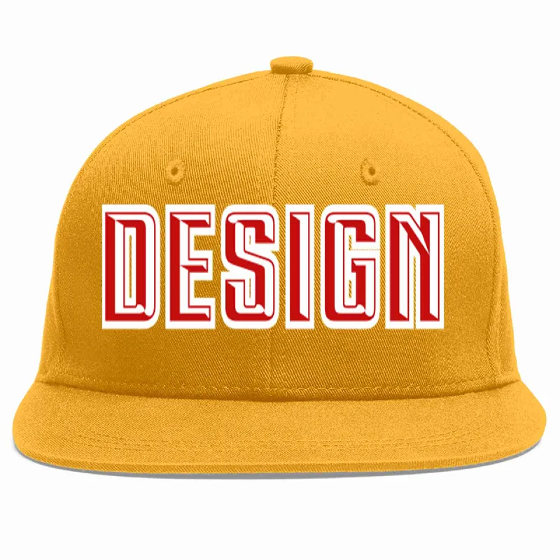 Baseball Cap For Tournament Fan Gear-Custom Gold Red-White Flat Eaves Sport Baseball Cap Design for Men/Women/Youth