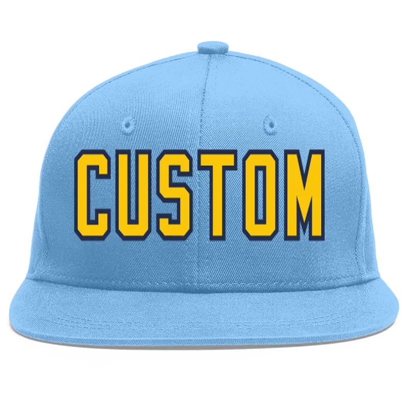 Baseball Cap For Special Edition Team Orders-Custom Light Blue Gold-Navy Flat Eaves Sport Baseball Cap