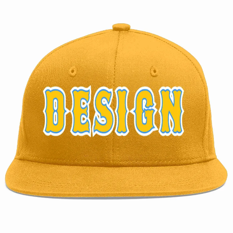 Baseball Cap For Professional Teams-Custom Gold Gold-Powder Blue Flat Eaves Sport Baseball Cap Design for Men/Women/Youth