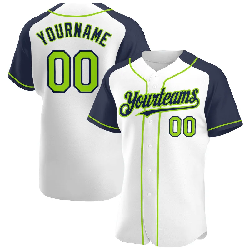 Personalized Baseball Jersey-Custom White Neon Green-Navy Authentic Raglan Sleeves Baseball Jersey