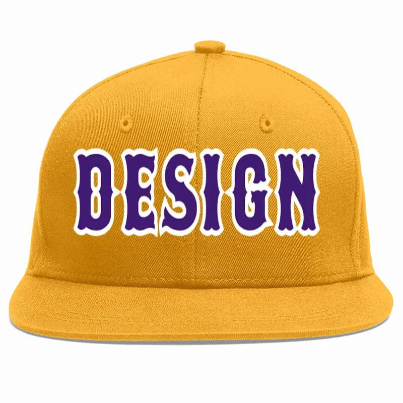 Baseball Cap For Fundraising Campaigns-Custom Gold purple-White Flat Eaves Sport Baseball Cap Design for Men/Women/Youth