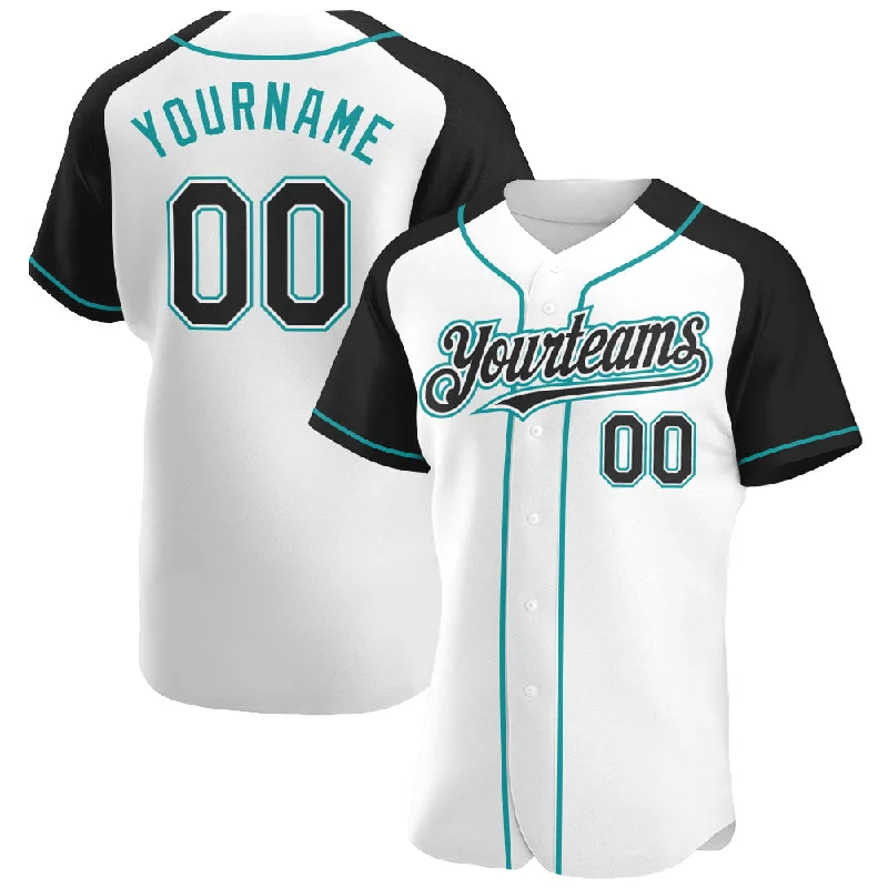 Baseball Jersey For Custom Graphics and Text-Custom White Black-Teal Authentic Raglan Sleeves Baseball Jersey