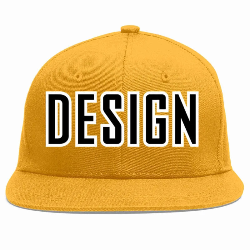 Baseball Cap For Tournament Team Custom Orders-Custom Gold Black-White Flat Eaves Sport Baseball Cap Design for Men/Women/Youth