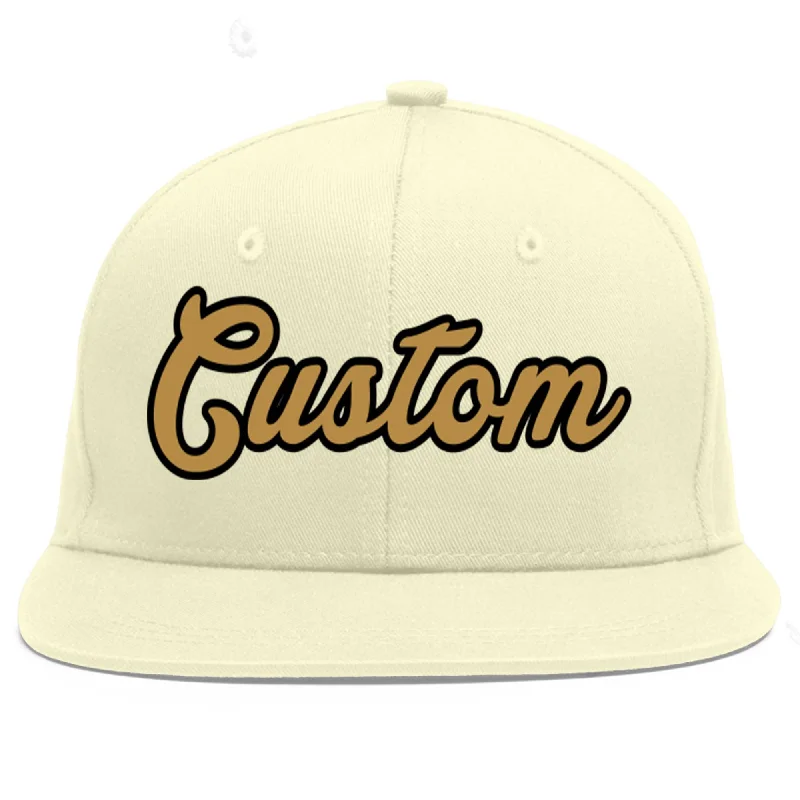 Baseball Cap For College Fan Gear-Custom Cream Old Gold-Black Flat Eaves Sport Baseball Cap