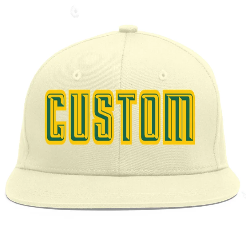 Baseball Cap For Personalized School Event Gear-Custom Cream Kelly Green-Gold Flat Eaves Sport Baseball Cap